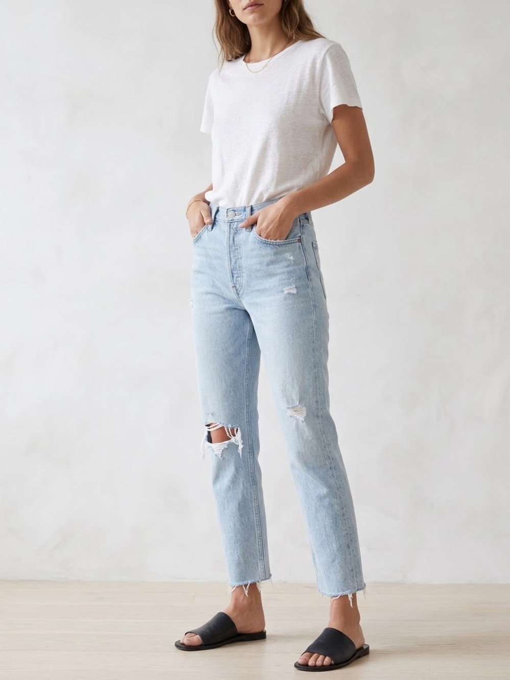 Agolde Riley Ribcage High Rise Light Wash Distressed Straight Ankle Jeans 27